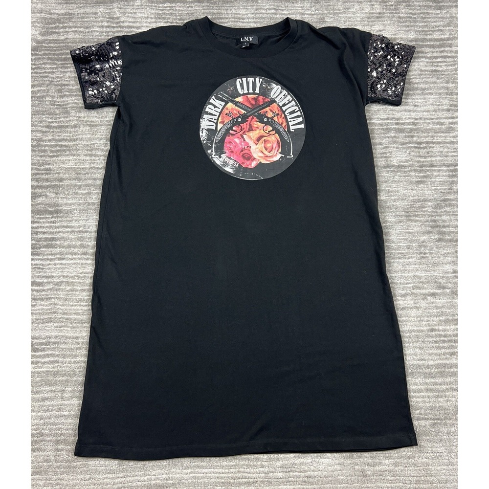 L.N.V T-Shirt Dress Womens L Black Dark City Official Sequin Sleeve LV2015 Edgy